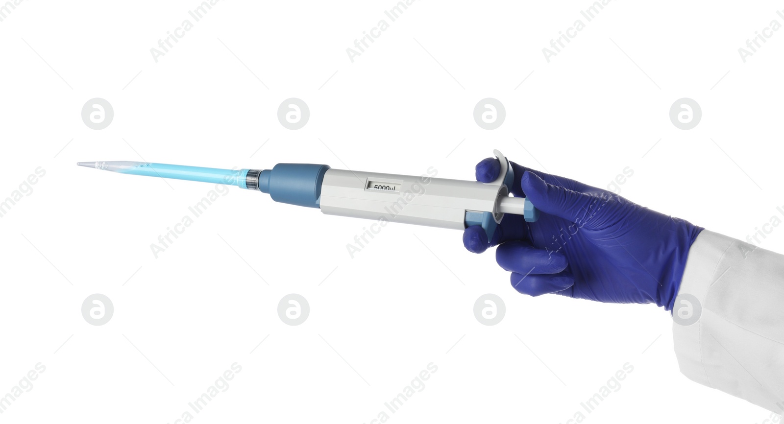 Photo of Laboratory analysis. Scientist holding micropipette on white background, closeup