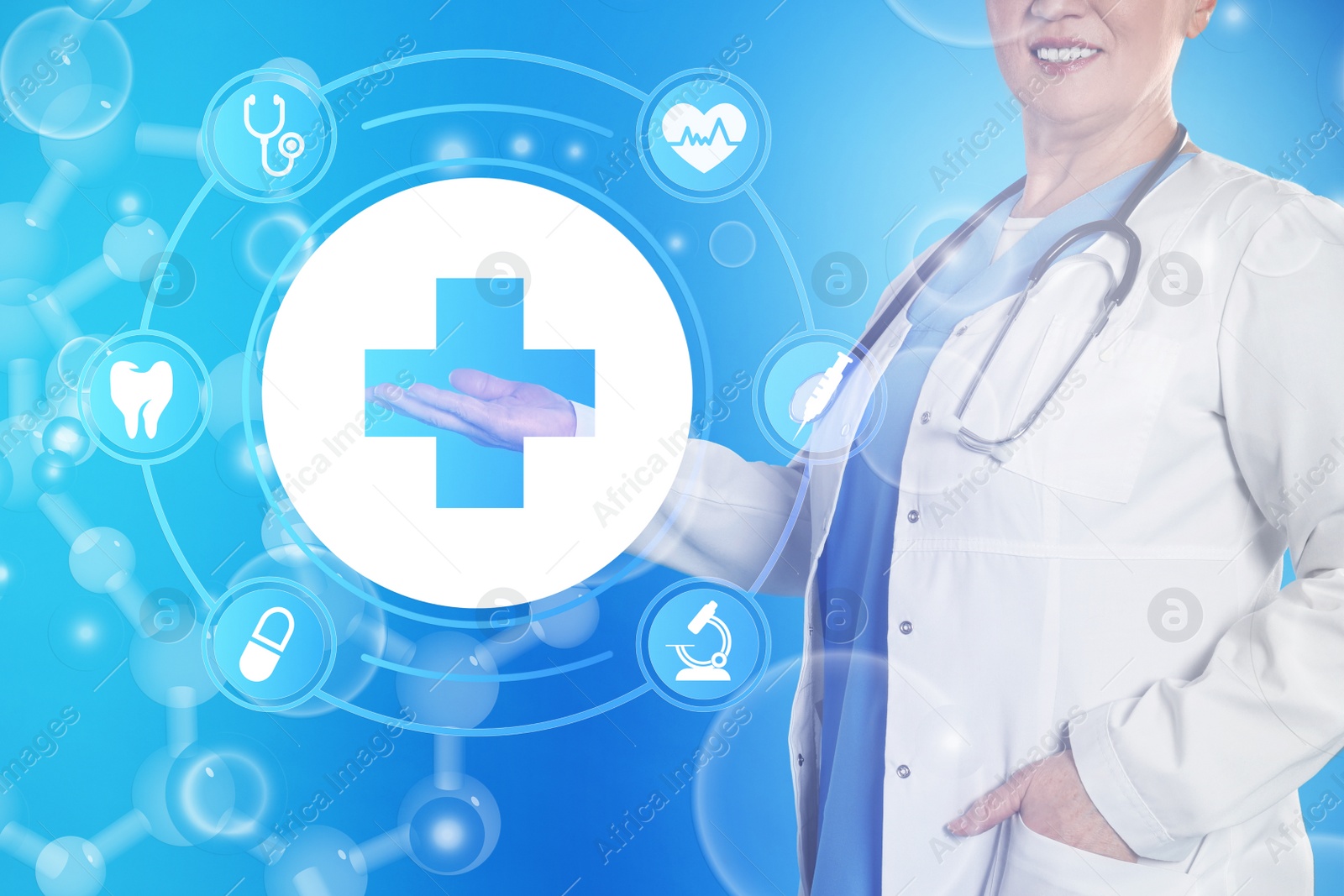 Image of Medical technology concept. Mature doctor and illustration of cross with different icons on turquoise background