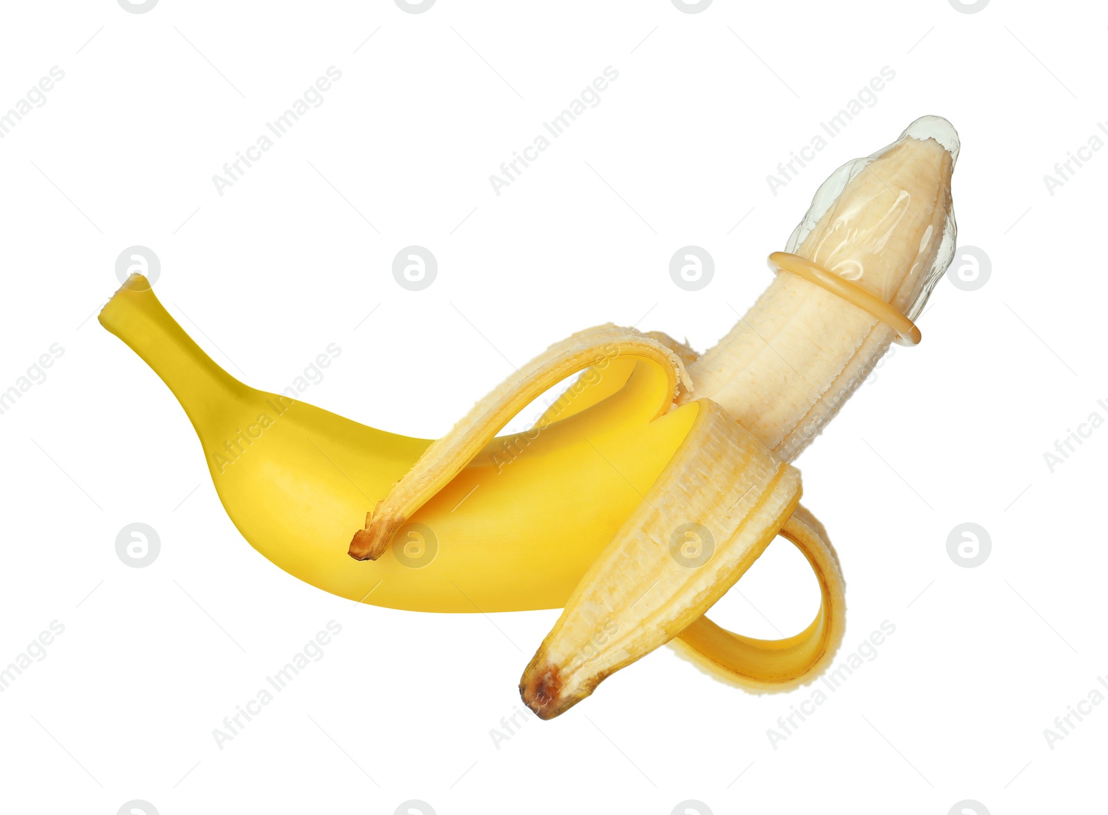 Photo of Banana with condom isolated on white. Safe sex concept