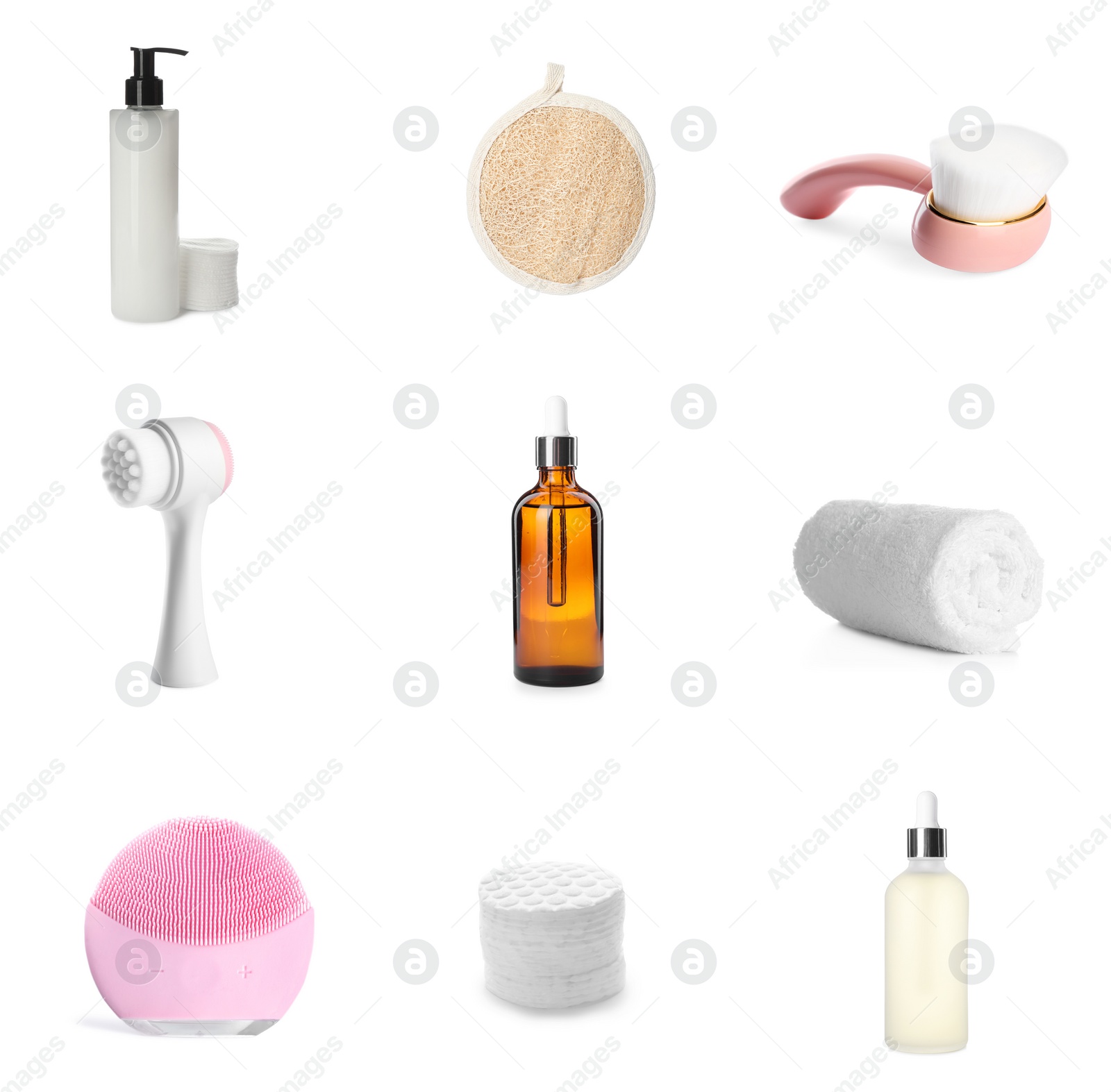 Image of Set with cosmetic products and tools for cleansing on white background