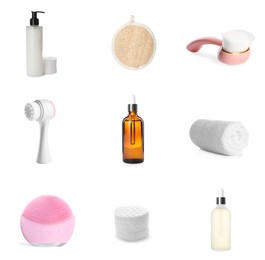 Image of Set with cosmetic products and tools for cleansing on white background