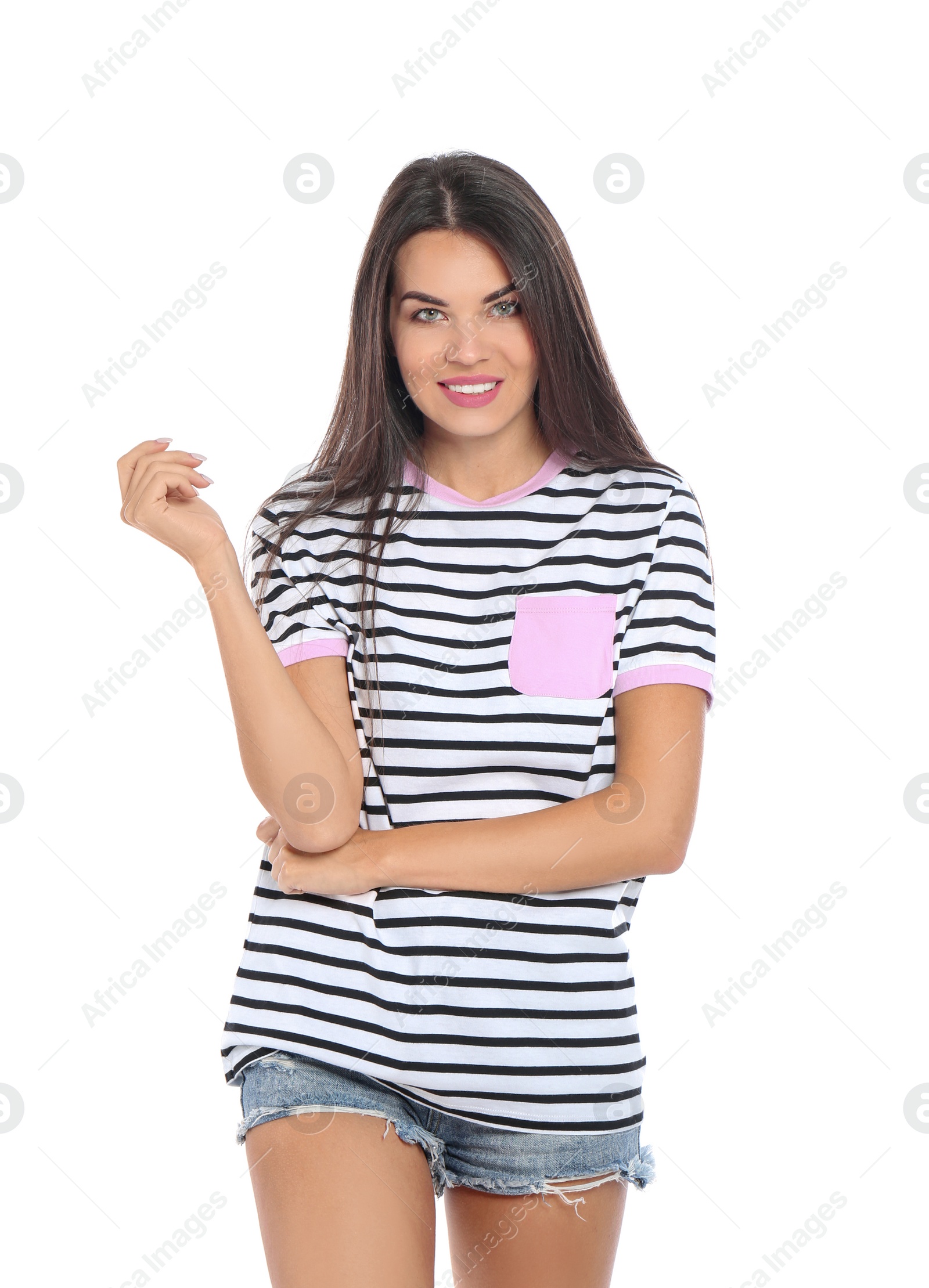 Photo of Beautiful woman in casual clothes posing on white background
