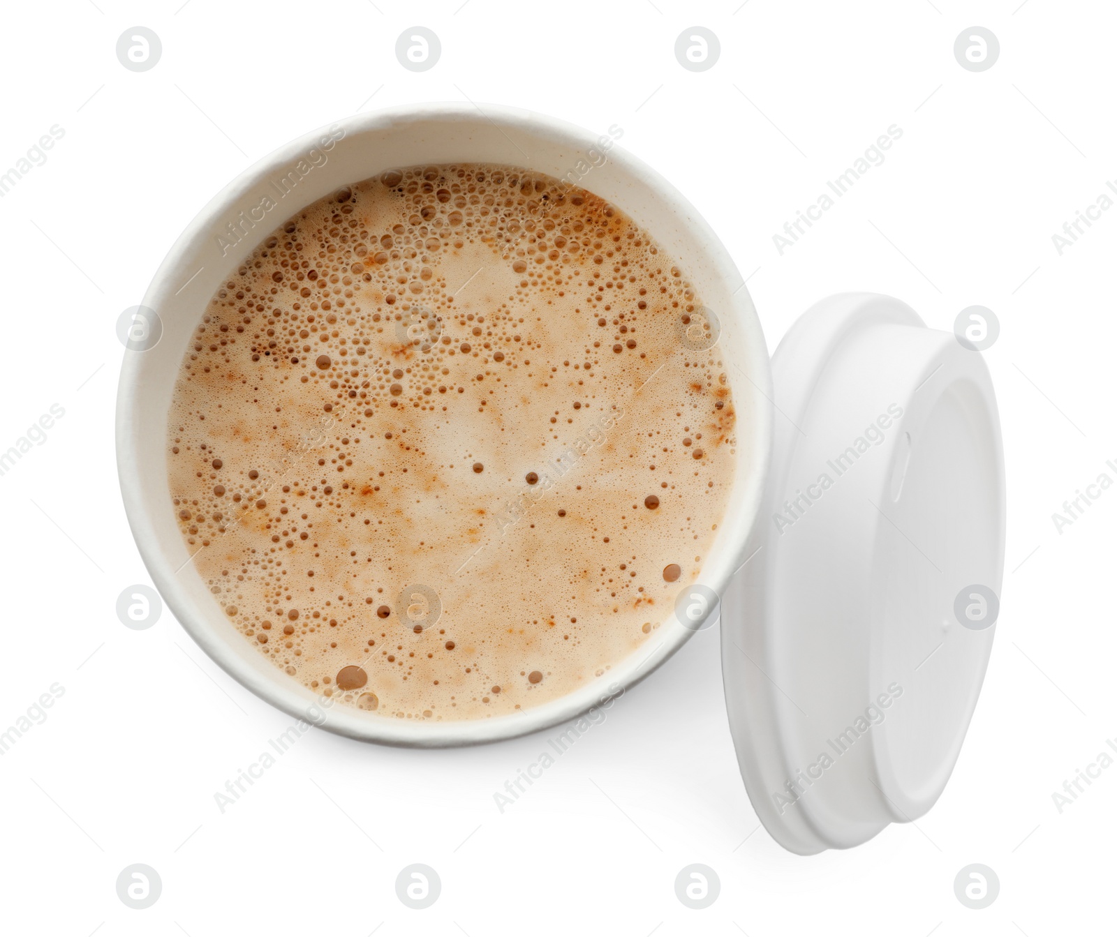 Photo of Aromatic coffee in takeaway paper cup and lid on white background, top view