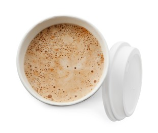 Aromatic coffee in takeaway paper cup and lid on white background, top view