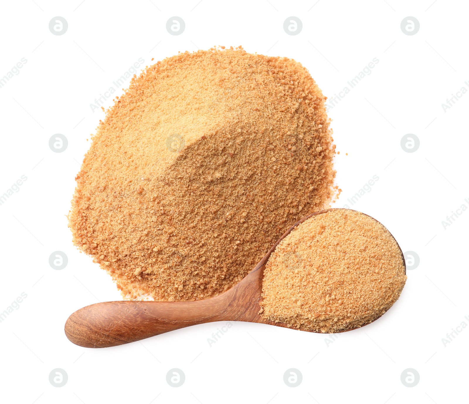 Photo of Coconut sugar and spoon isolated on white, top view