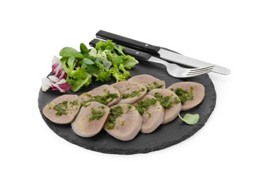 Photo of Tasty beef tongue pieces, salsa verde and salad isolated on white