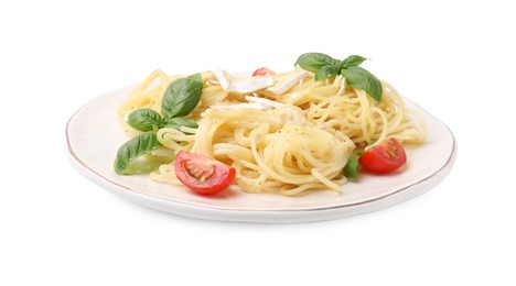 Photo of Delicious pasta with brie cheese, tomatoes and basil leaves on white background