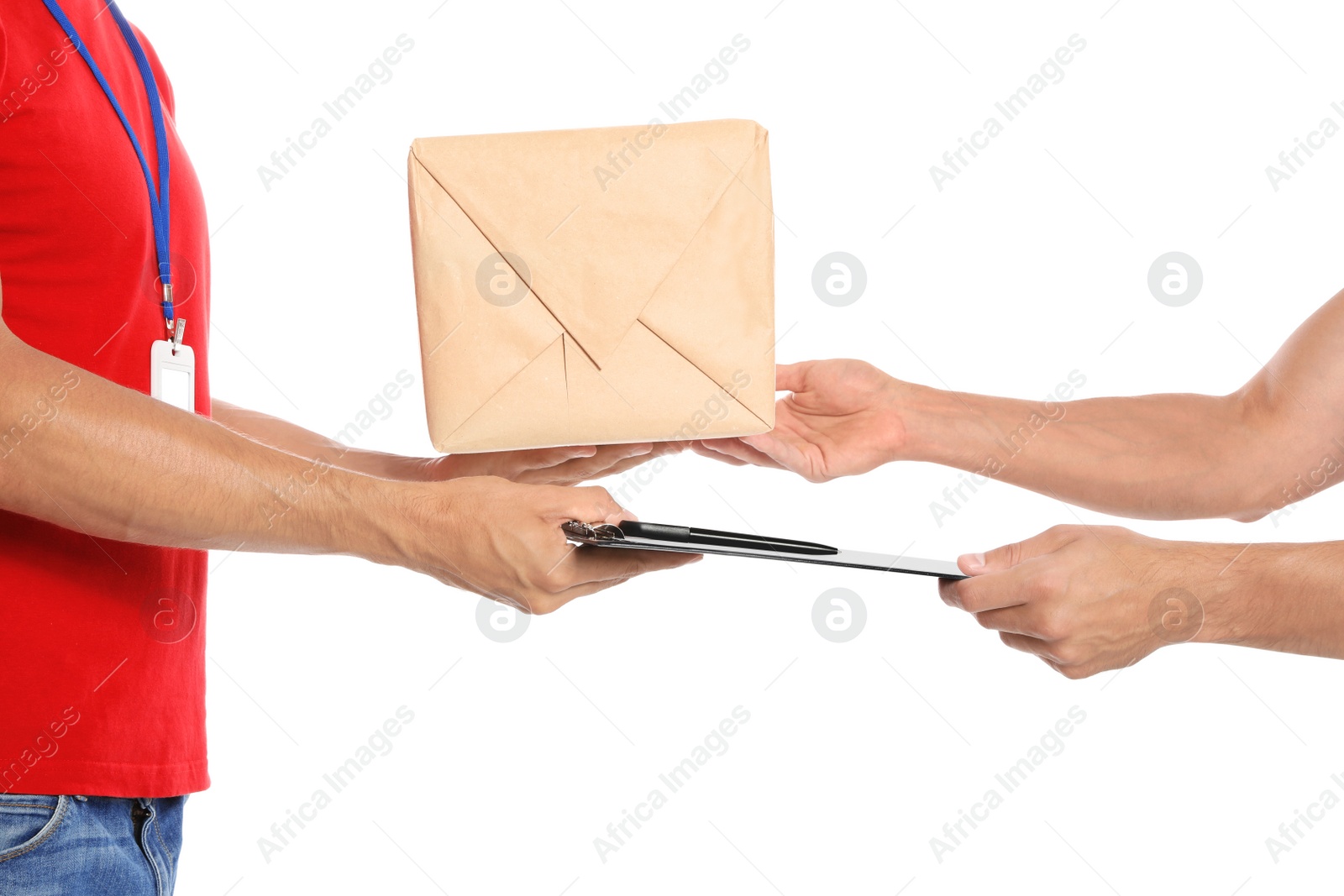 Photo of Courier giving parcel and clipboard to client on white background, closeup