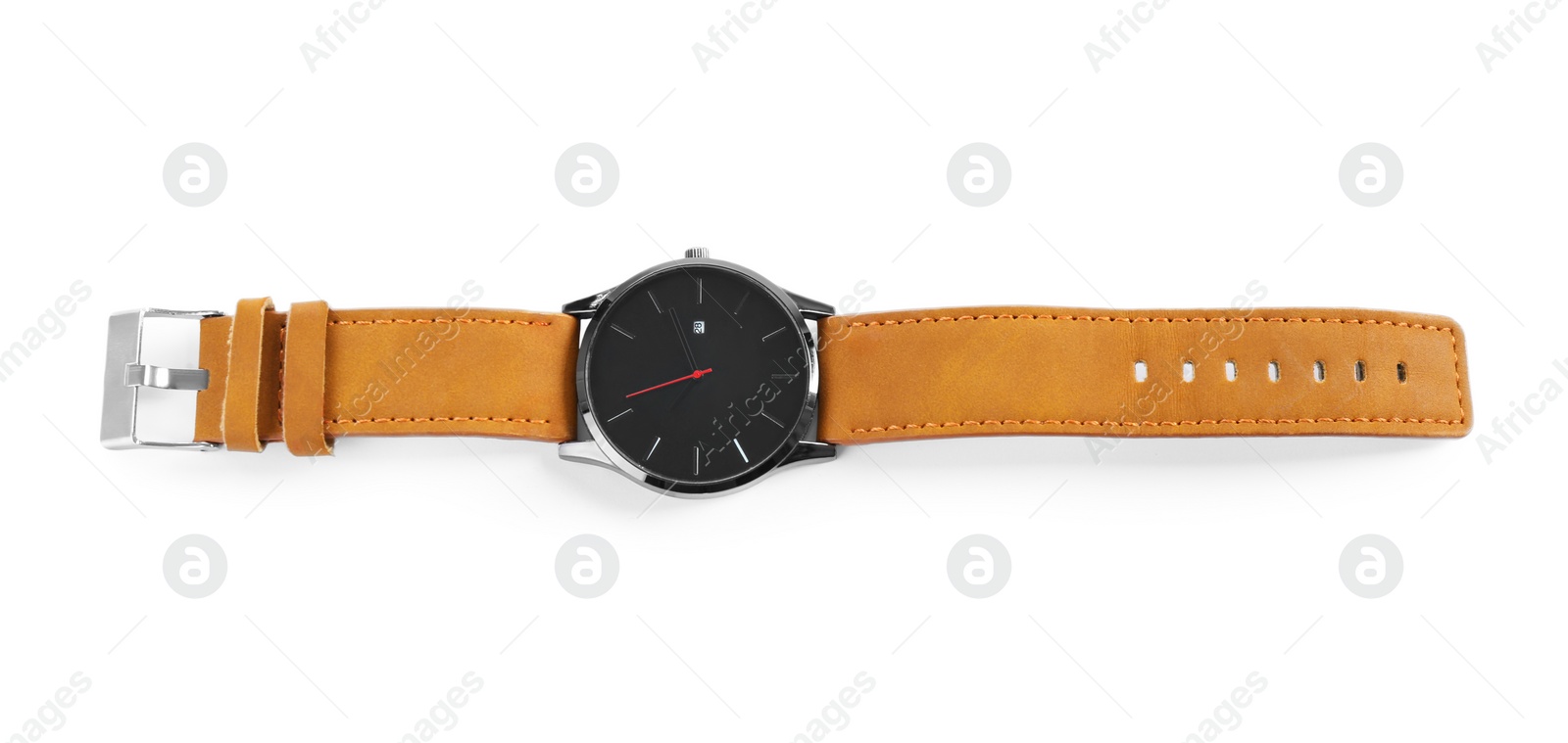 Photo of Elegant wristwatch with leather band isolated on white, top view