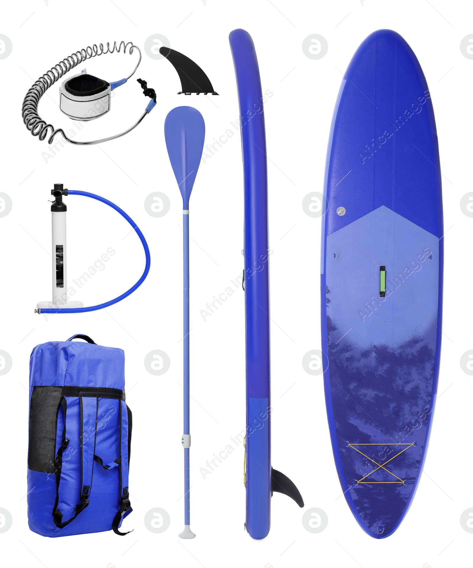 Image of SUP board and different equipment for stand up paddle boarding isolated on white, set