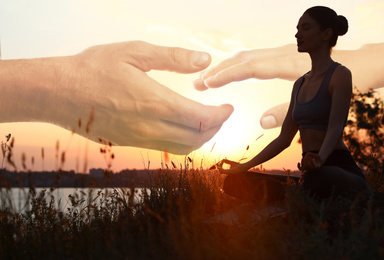Image of Double exposure of woman meditating and hands reaching each other outdoors at sunset. Yoga helping in daily life: harmony of mind, body, and soul
