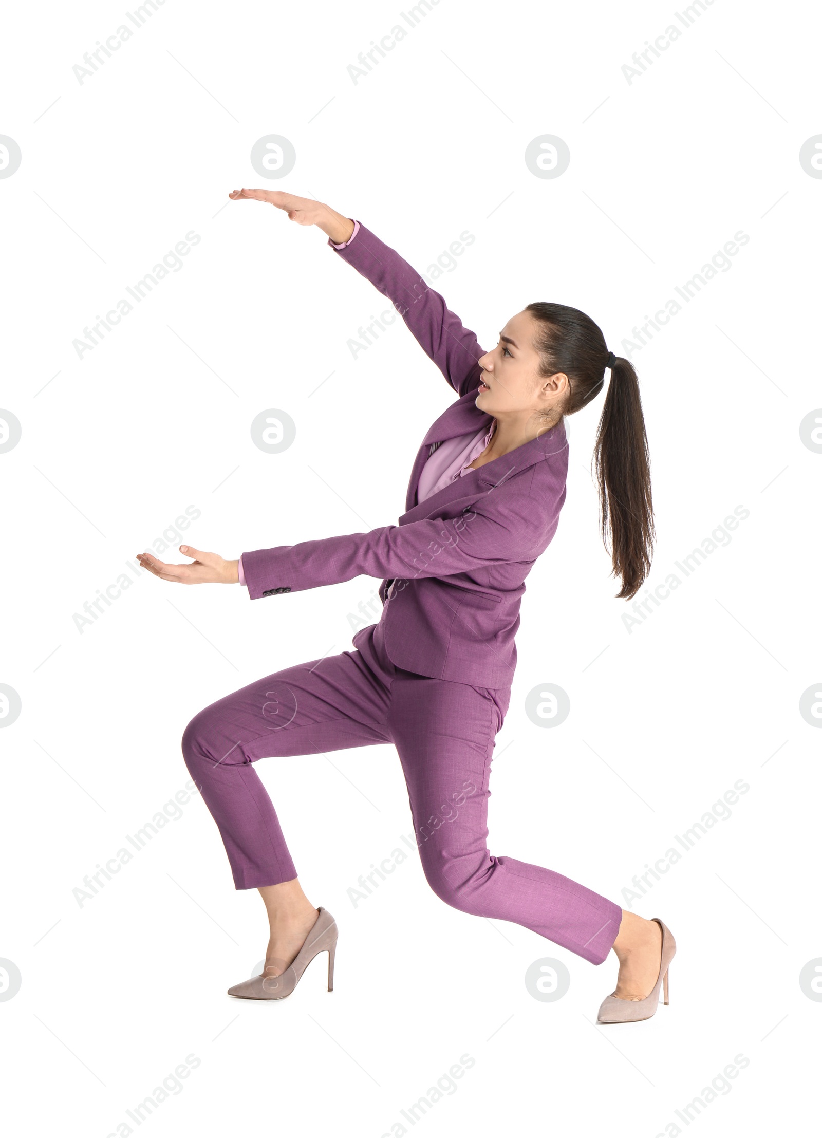 Photo of Businesswoman with magnet attracting people on white background