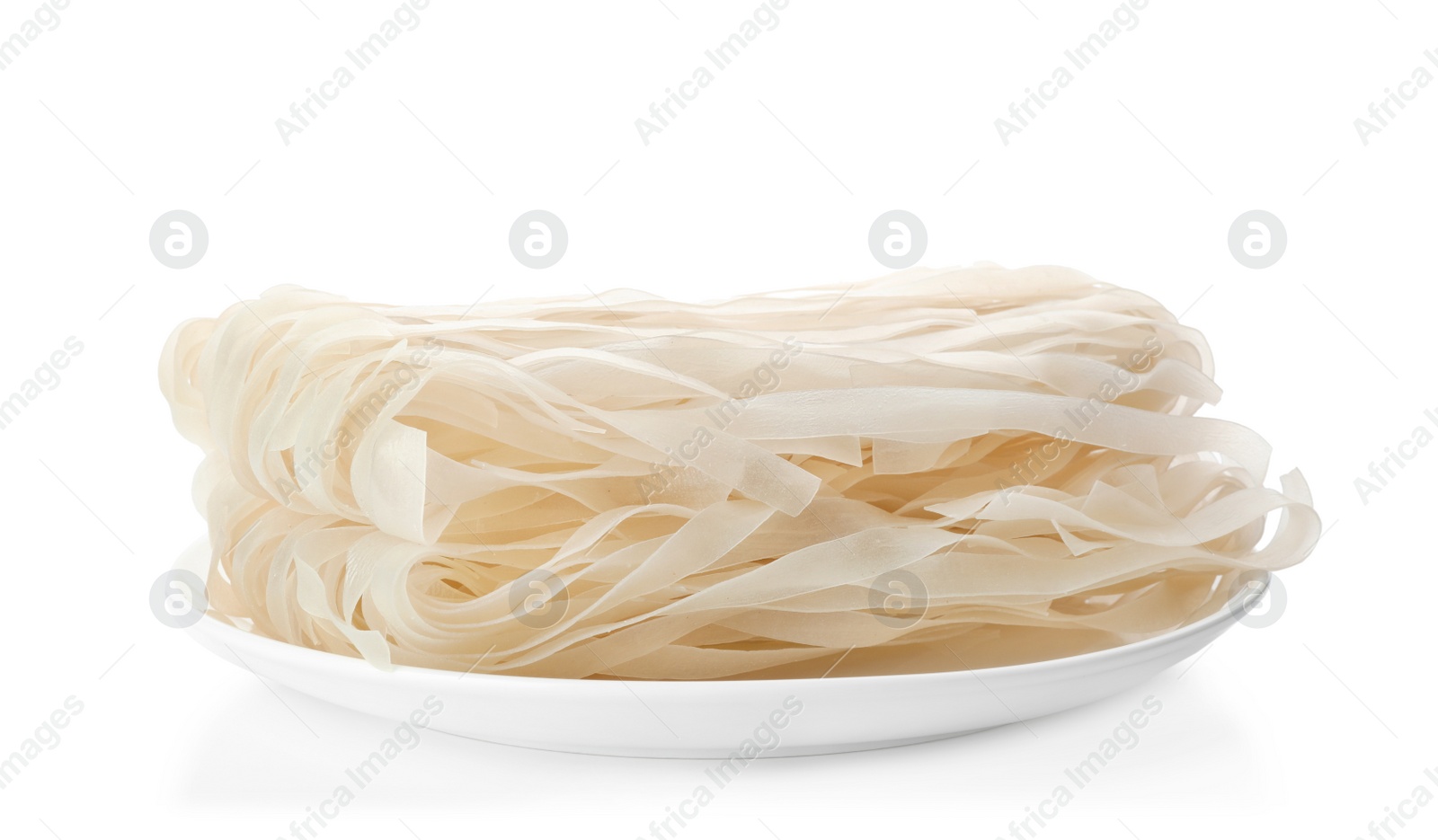 Photo of Plate with rice noodles isolated on white