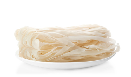 Plate with rice noodles isolated on white