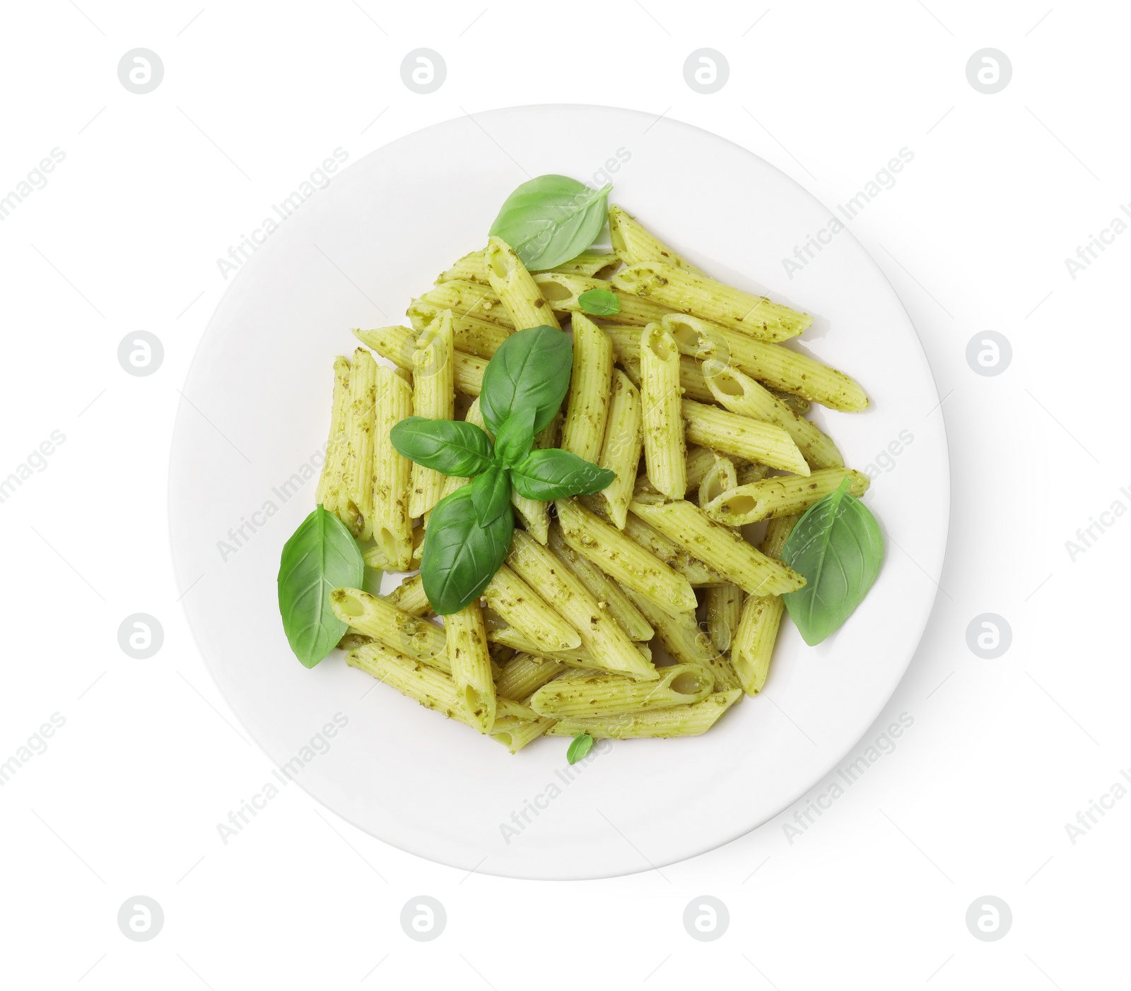 Photo of Delicious pasta with pesto sauce and basil isolated on white, top view