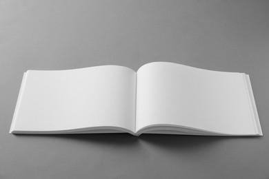 Open blank brochure on light grey background