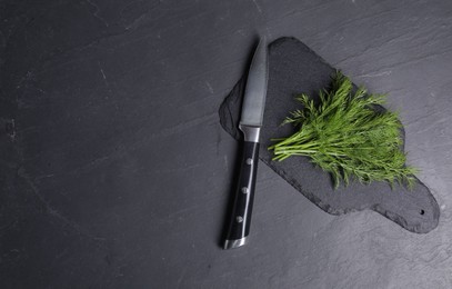 Sprigs of fresh green dill and knife on black table, top view. Space for text