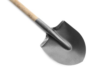 Photo of One new shovel with wooden handle isolated on white. Gardening tool