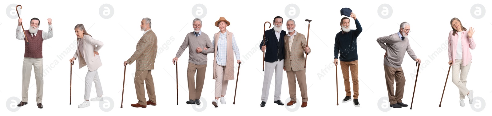 Image of Collage with photos of senior men and woman with walking canes on white background