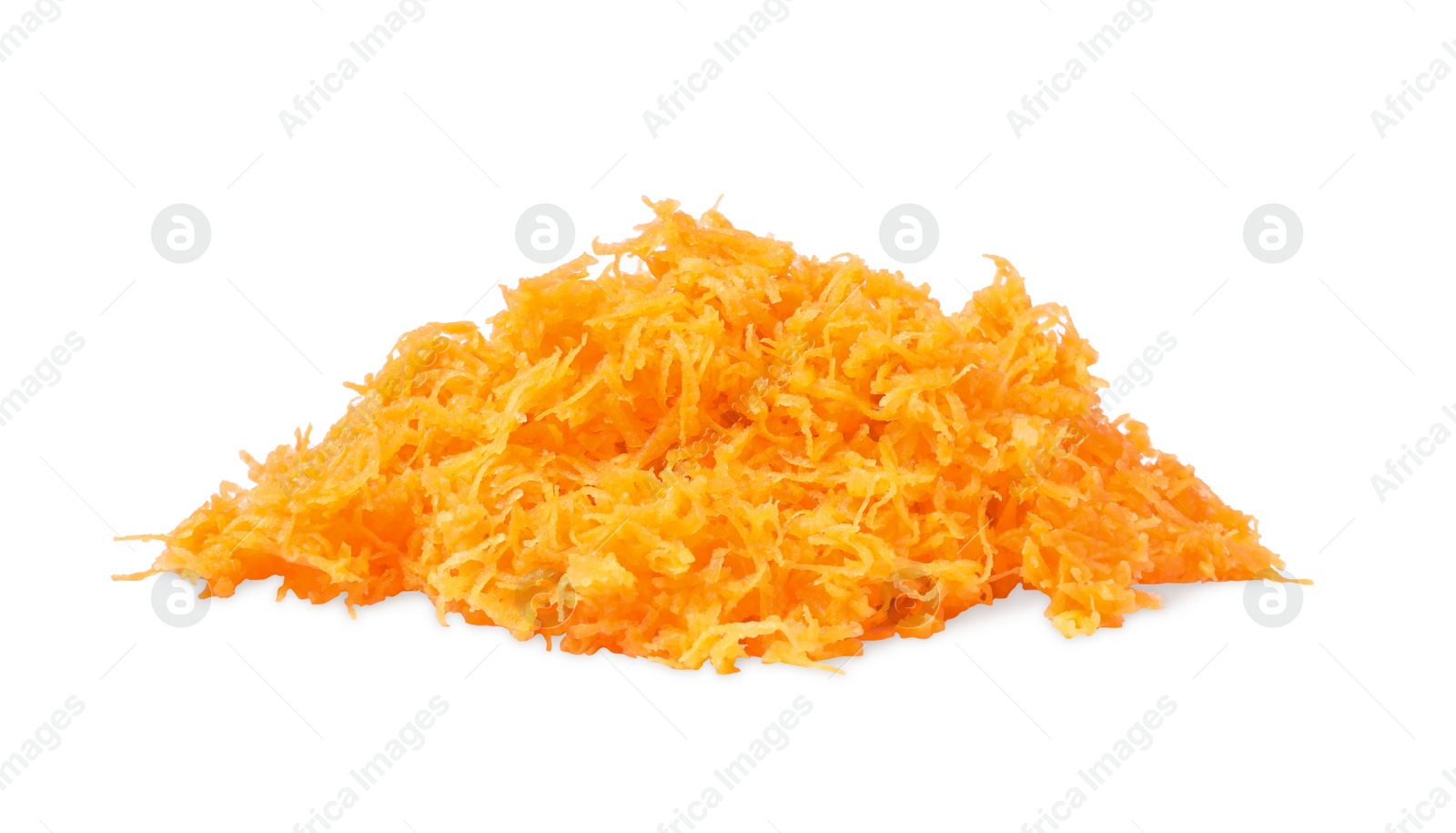 Photo of Pile of fresh grated carrot on white background