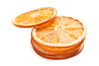 Photo of Delicious dry orange slices on white background