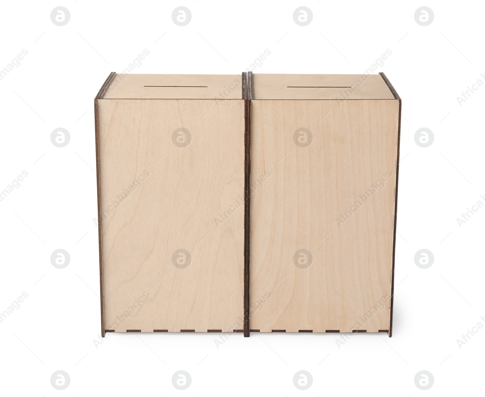 Photo of Wooden ballot boxes isolated on white. Election time