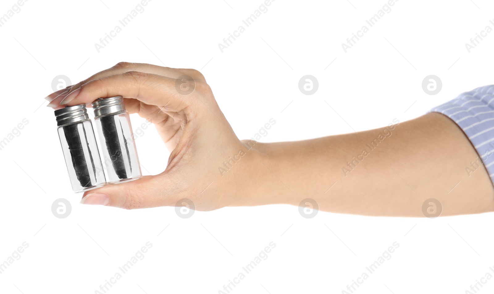 Photo of Woman holding natural dental floss on white background, closeup