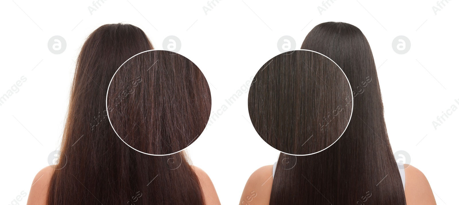 Image of Collage with photos of woman before and after hair treatment on white background, back view. Zoomed area showing damaged and healthy strand