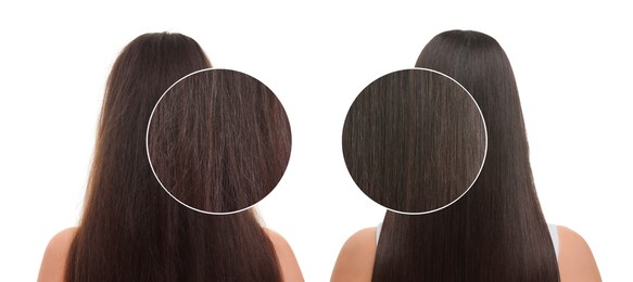 Image of Collage with photos of woman before and after hair treatment on white background, back view. Zoomed area showing damaged and healthy strand