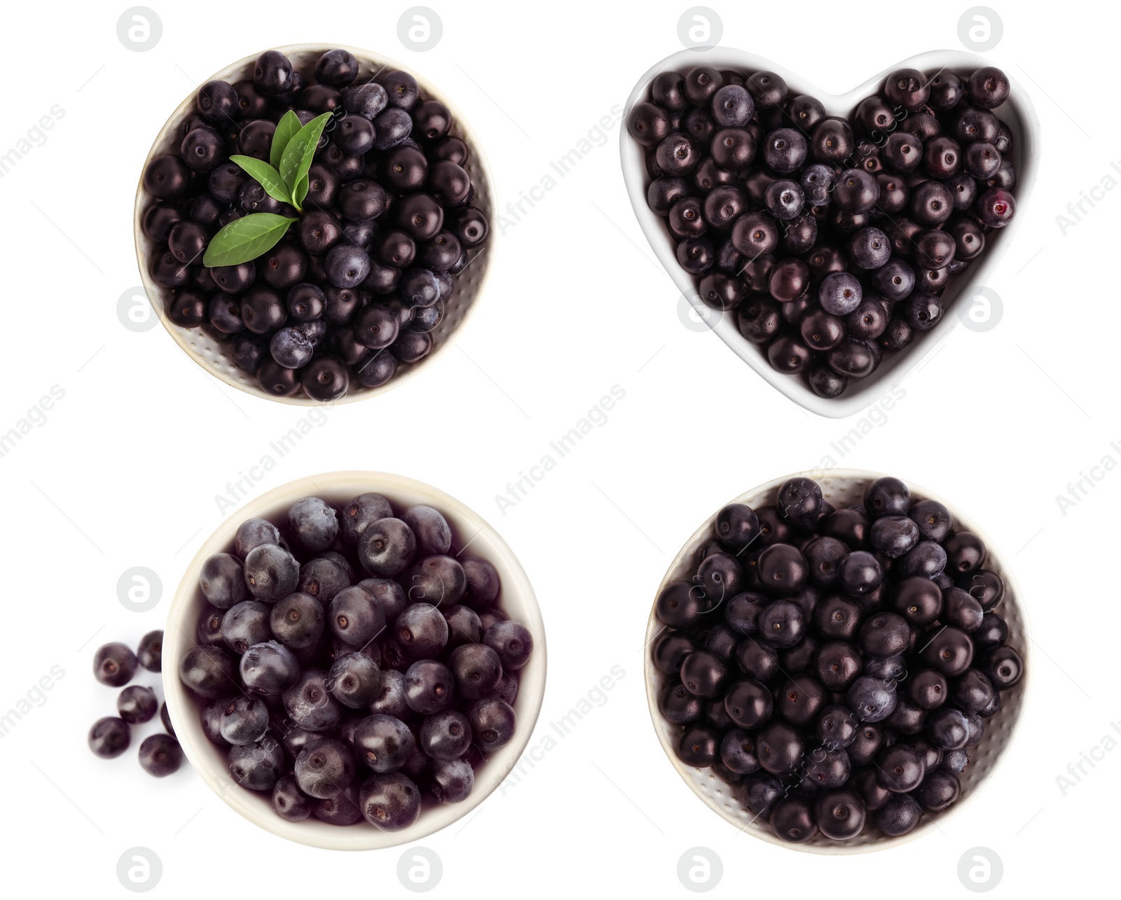 Image of Set of fresh acai berries in bowls on white background, top view
