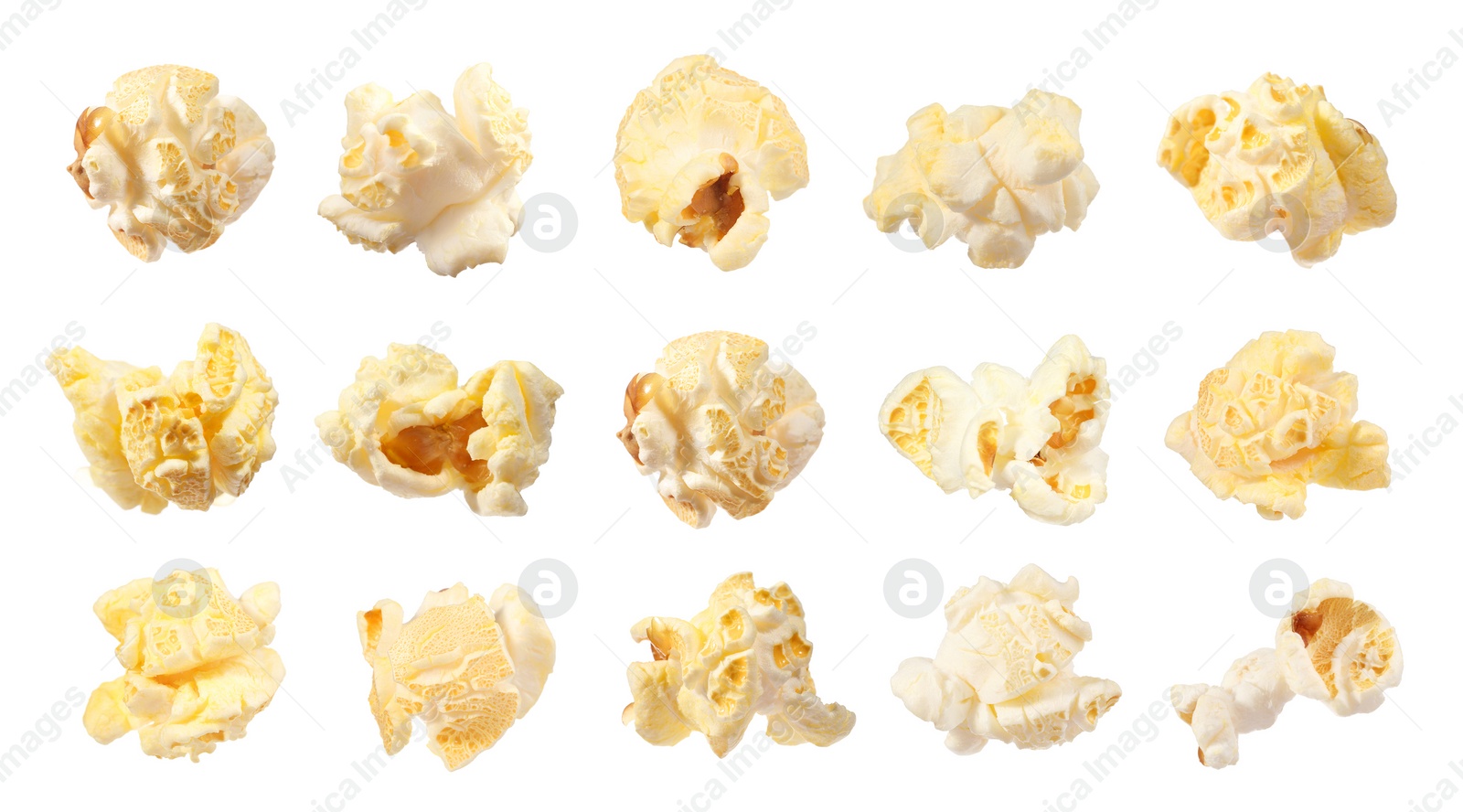 Image of Tasty popcorn. Many popped kernels isolated on white