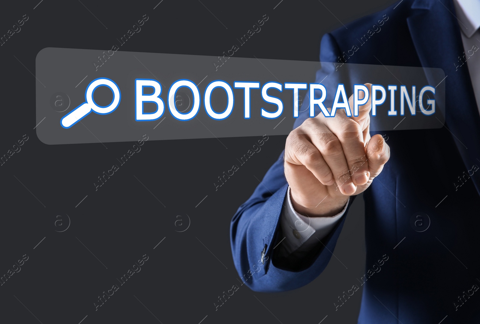 Image of Businessman touching virtual screen with word BOOTSTRAPPING in search bar against dark background, focus on hand