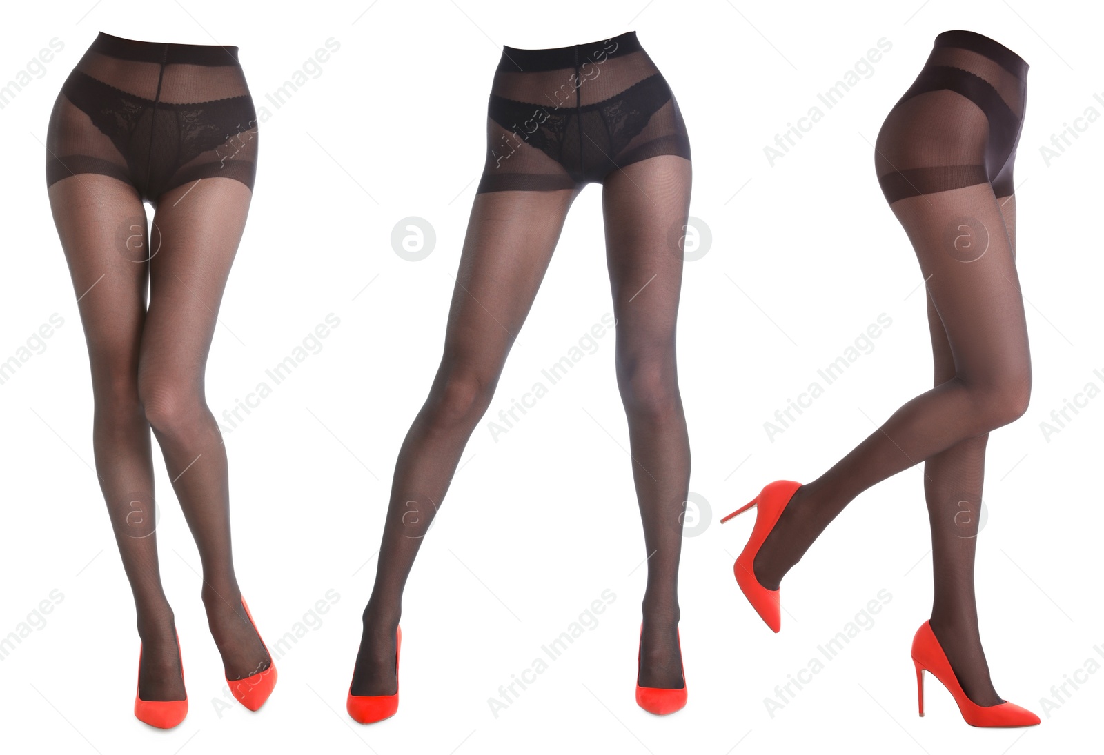 Image of Set of female elegant black tights on white background