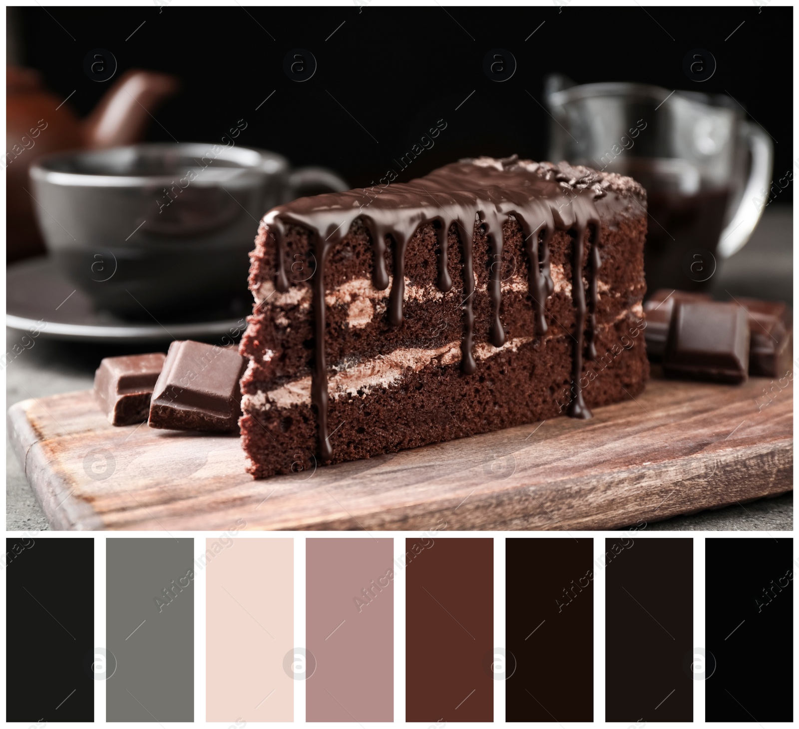 Image of Delicious chocolate cake on wooden board and color palette. Collage