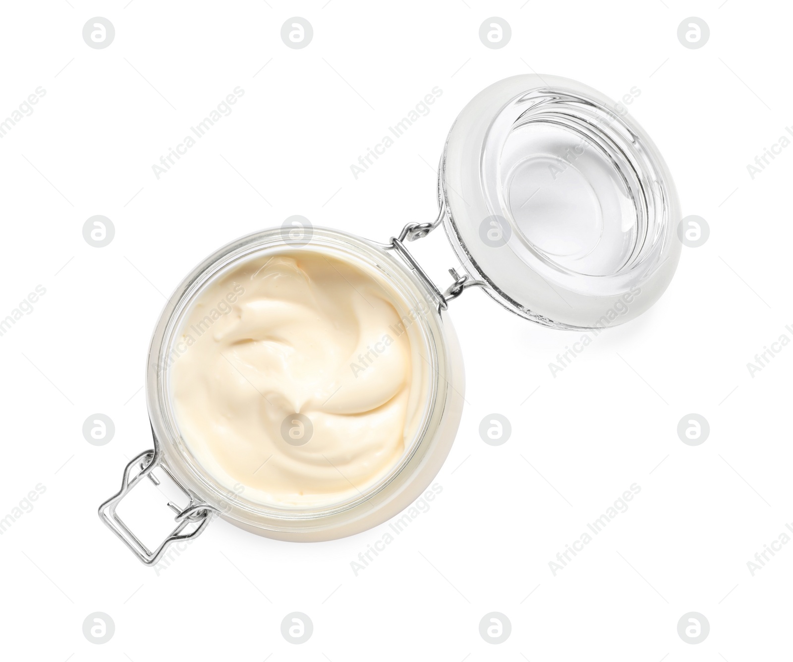 Photo of Mayonnaise in glass jar isolated on white, top view