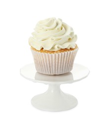 Photo of Tasty vanilla cupcake with cream isolated on white