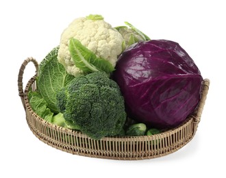 Wicker tray with different types of fresh cabbage on white background