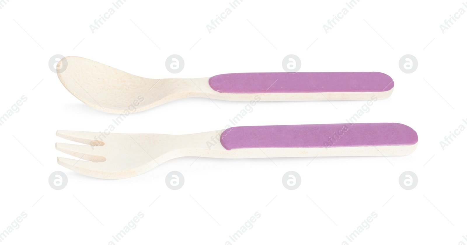 Photo of Small fork and spoon isolated on white. Serving baby food