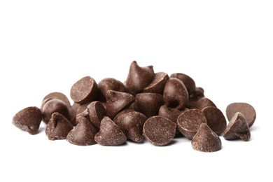 Photo of Pile of delicious chocolate chips isolated on white