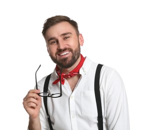 Photo of Fashionable young man in stylish outfit with bandana on white background