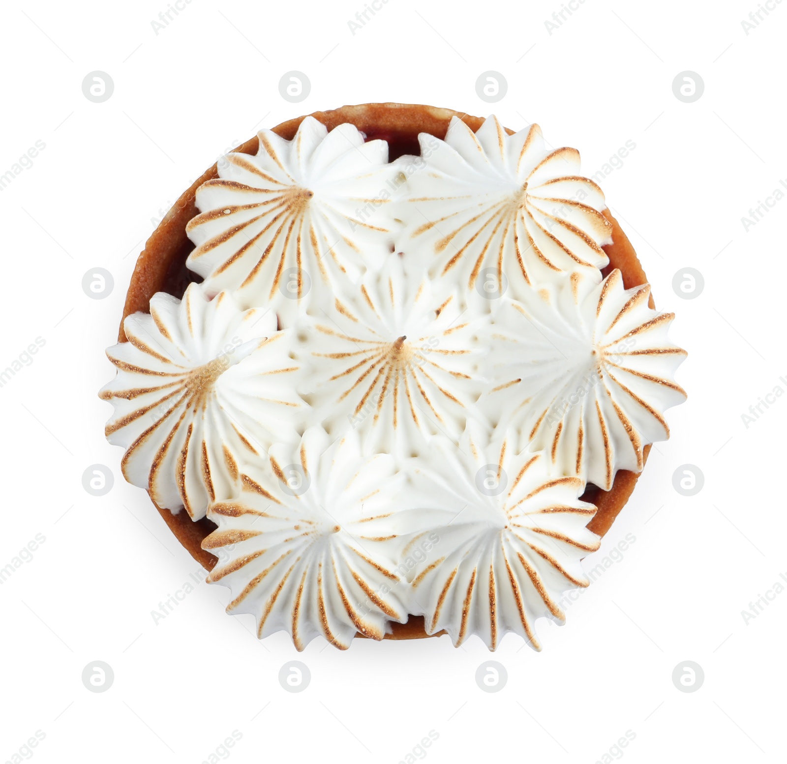 Photo of Tartlet with meringue isolated on white, top view. Tasty dessert