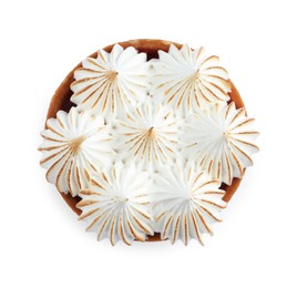 Tartlet with meringue isolated on white, top view. Tasty dessert