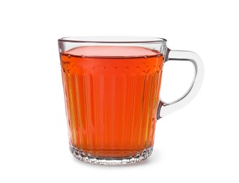 Photo of Glass mug of tasty tea isolated on white