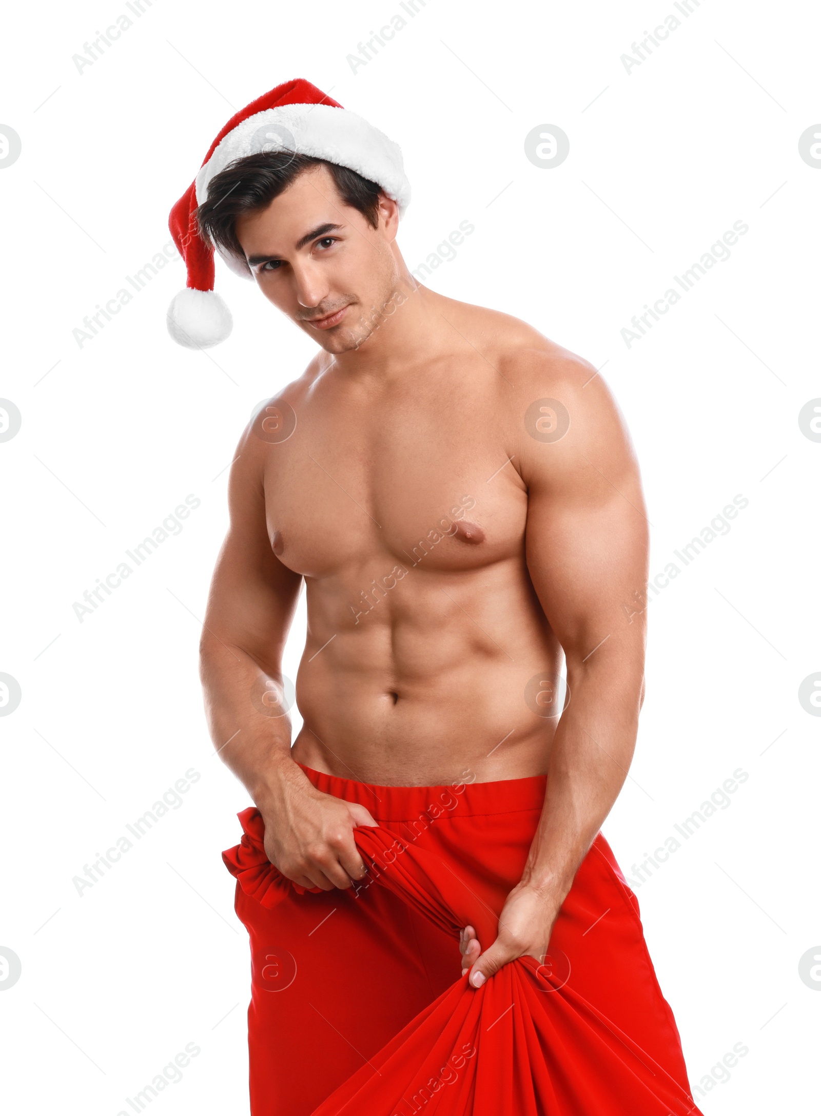 Photo of Sexy shirtless Santa Claus on white background