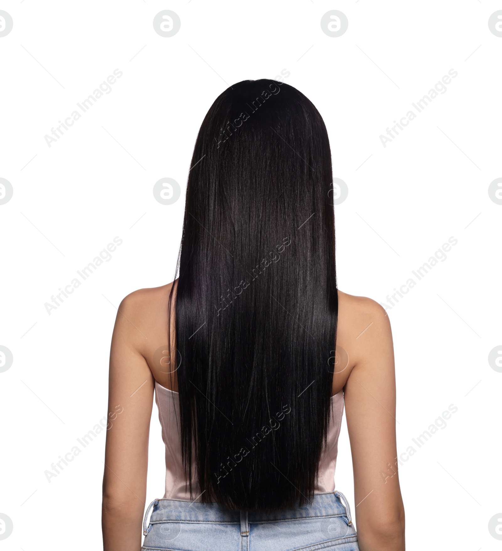 Photo of Woman with strong healthy hair on white background, back view