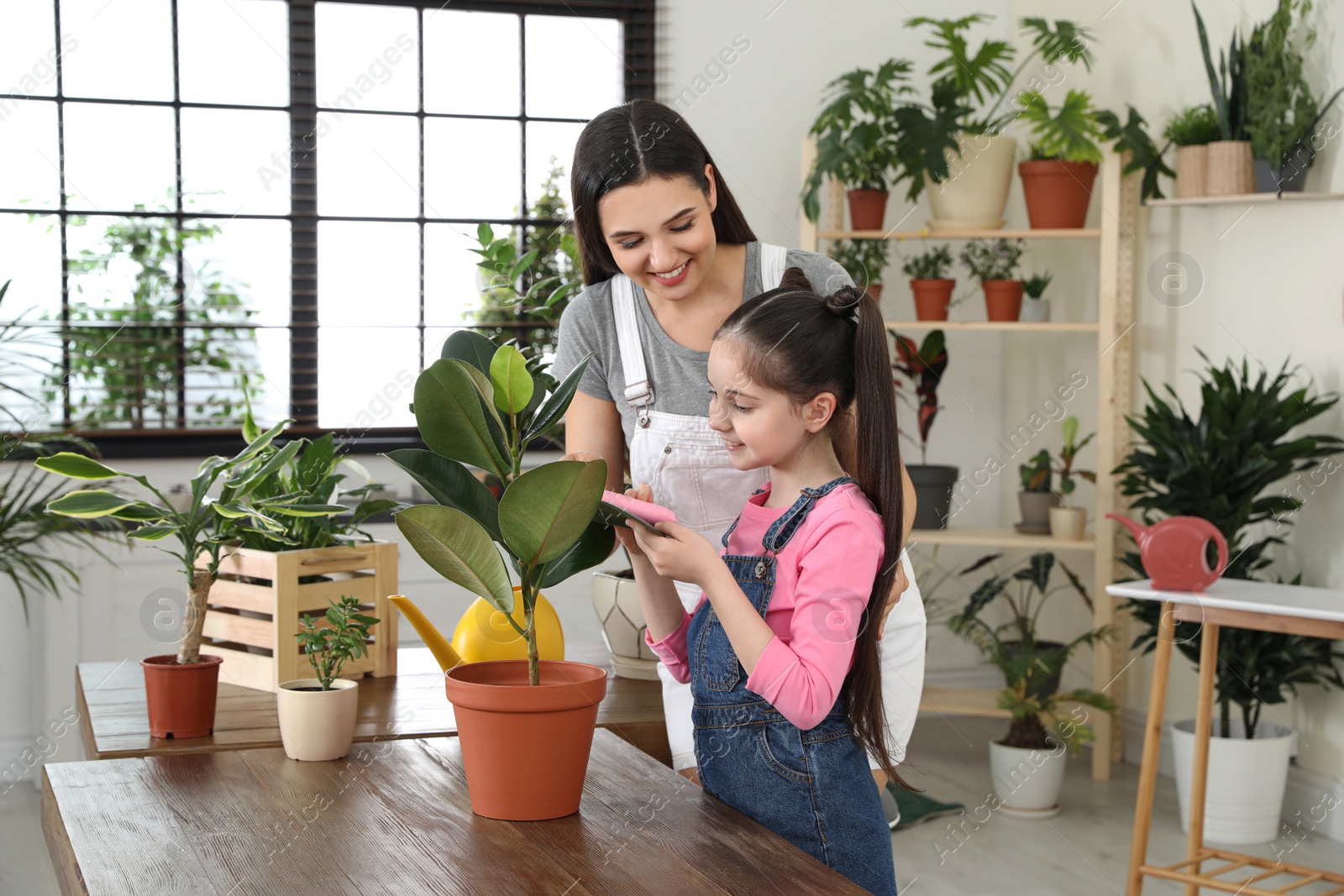 Photo of Mother and daughter taking care of plant at home