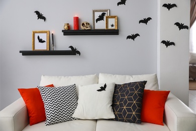 Halloween decor in room. Idea for festive interior