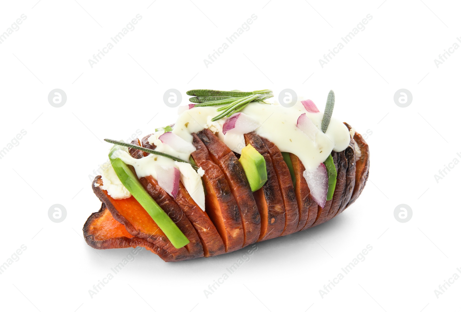 Photo of Delicious stuffed sweet potato on white background