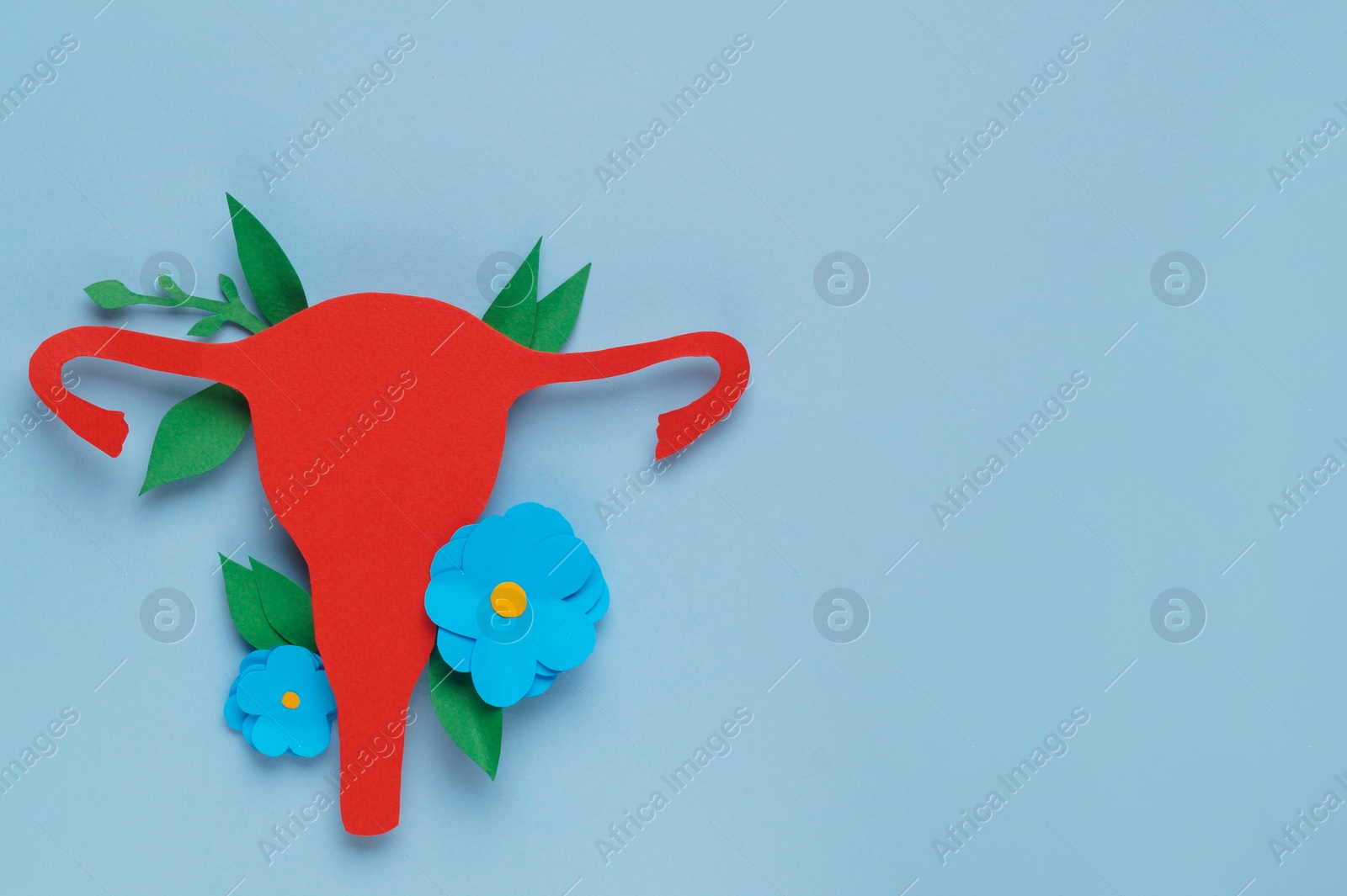 Photo of Woman's health. Paper uterus and flowers on light blue background, flat lay with space for text