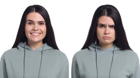 Image of Woman showing different emotions on white background, collage